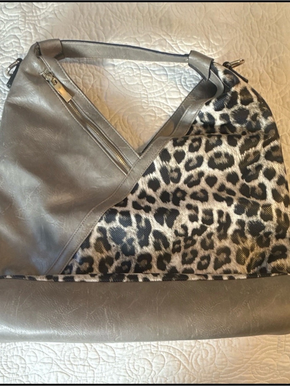 Gray Shoulder Bag with Leopard Print Panel